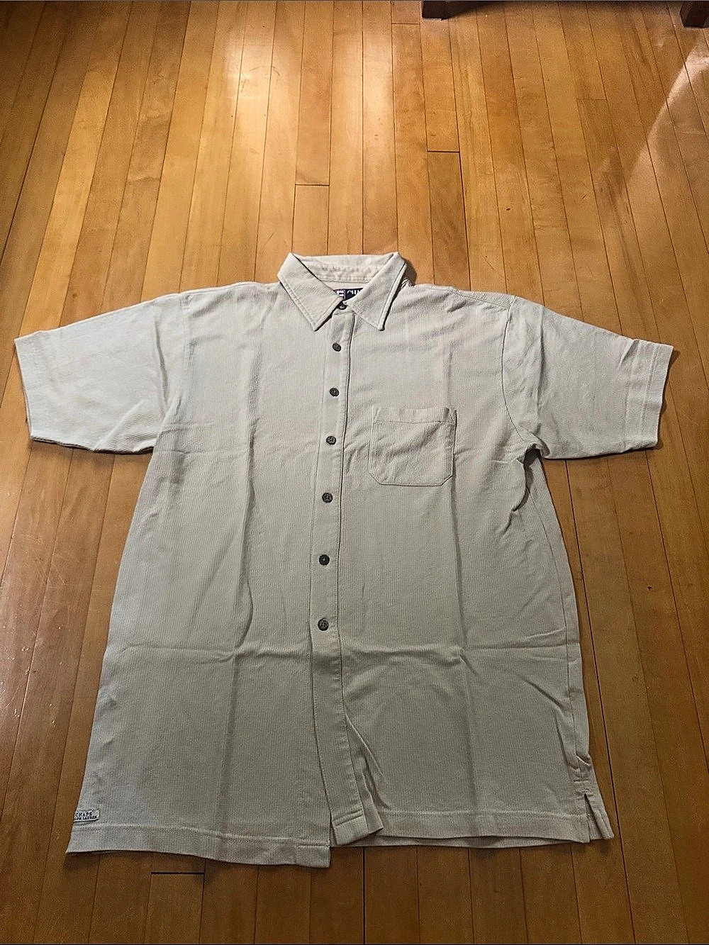 Chaps Ralph Lauren tan Short Sleeve ribbed button down Shirt men’s Large